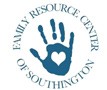 Logo of the Family Resource Center of Southington. It features a blue handprint with a heart shape in the center. The organization’s name encircles the handprint.