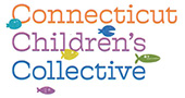Logo of Connecticut Children's Collective with colorful text. The words "Connecticut" (in orange), "Children’s" (in purple), and "Collective" (in green) are aligned vertically. Small fish illustrations in various colors are scattered around the text.