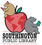 Logo of Southington Public Library featuring a large red apple with a world map design. A bear with headphones reads a book on the apple's left, and another bear reads a book on its right. The text "SOUTHINGTON PUBLIC LIBRARY" appears below the apple.