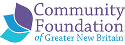 Logo of the Community Foundation of Greater New Britain. The design features three interlocking, stylized leaves in purple and blue on the left, with the foundation's name in large blue and purple text to the right, and "of Greater New Britain" in smaller blue text.