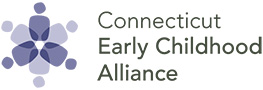 Logo of the Connecticut Early Childhood Alliance. The design includes a star-like abstract figure composed of six circles and six rectangles in varying shades of blue, positioned to the left of the organization's name in a clean, sans-serif font.