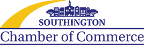 Logo of the Southington Chamber of Commerce featuring a stylized skyline with various buildings and trees, a golden arc above, and "Southington Chamber of Commerce" written below in blue text.