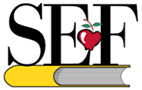 Bold, black capital letters "SEF" are displayed, with a red apple used as the center of the letter "E". Below the letters, there is a yellow and grey book.