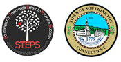 The image features two logos. The first logo, on the left, depicts a white tree with a single red apple and the acronym "STEPS." The second logo, on the right, is a circular emblem of the Town of Southington, Connecticut, with a central illustration and the year 1779.