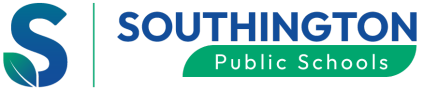 Logo for Southington Public Schools. The logo features a large blue "S" with a green leaf design incorporated into its lower curve, a thin vertical green line, and the text "SOUTHINGTON Public Schools" with "Public Schools" set against a green background.