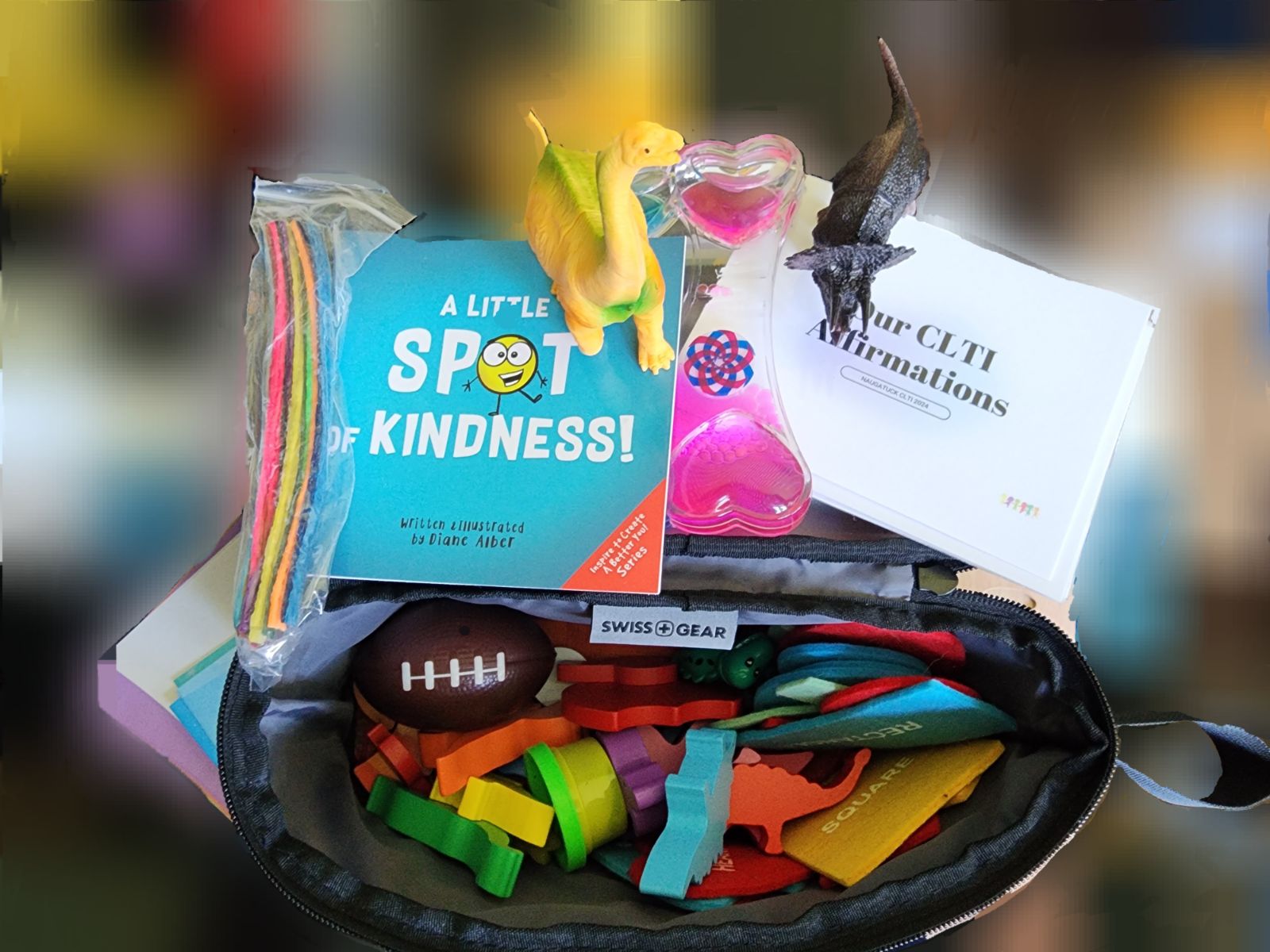 Contents of to-go activity kit for children.